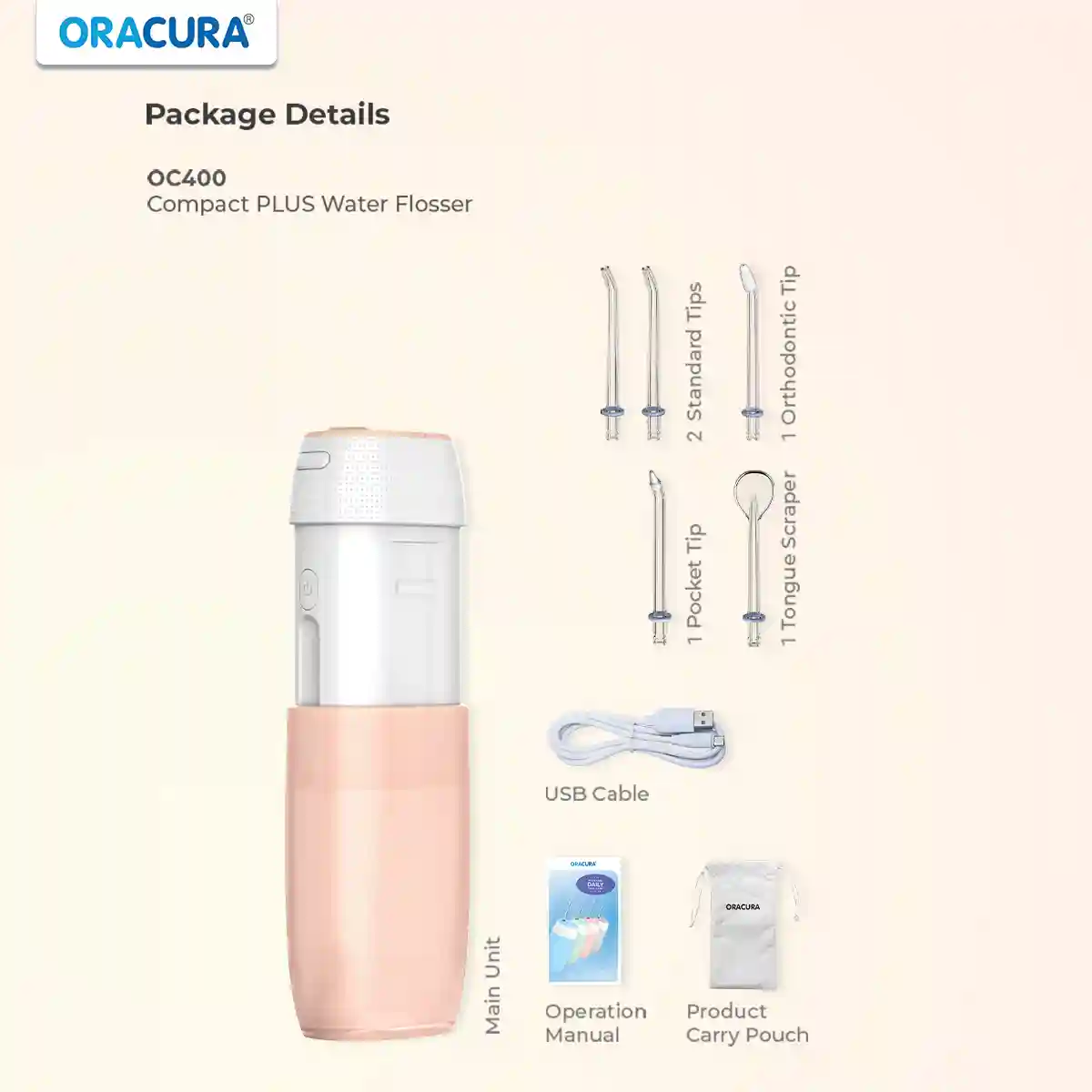 ORACURA Compact PLUS Water Flosser OC400 - Peach