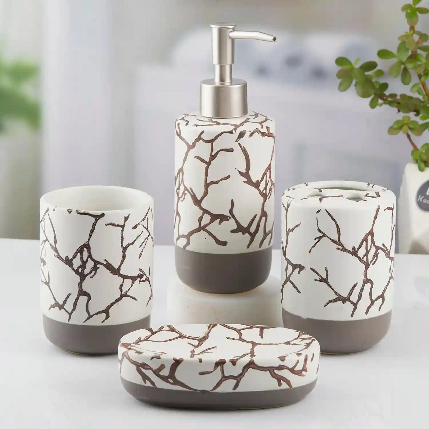 Kookee Ceramic Bathroom Accessories Set of 4, Modern Bath Set with Liquid hand wash Soap Dispenser and Toothbrush holder, Luxury Gift Accessory for Home, White/Grey (10465)