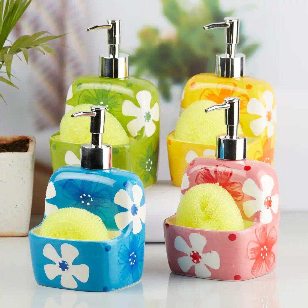 Kookee Ceramic Soap Dispenser for Bathroom handwash, refillable pump bottle for Kitchen hand wash basin, Set of 4 - Multicolor (10222)