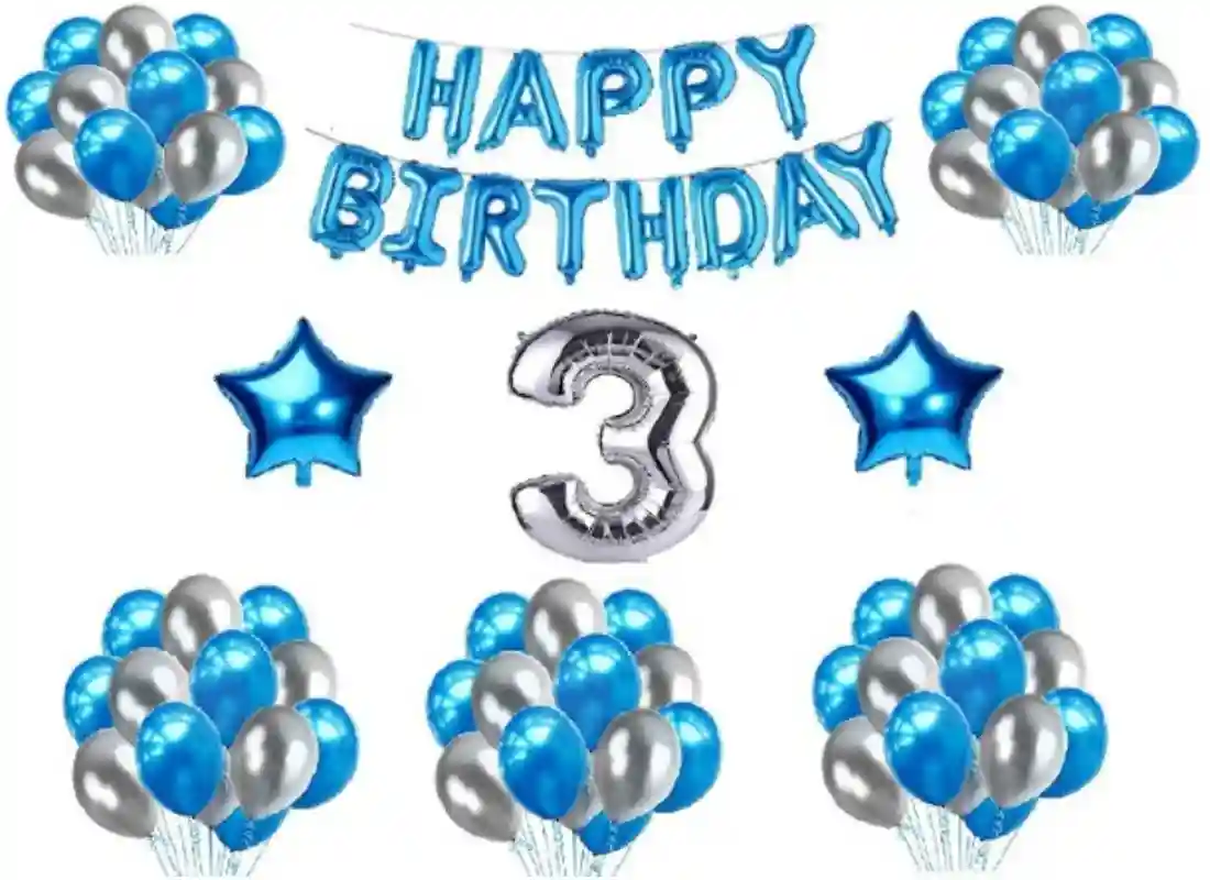 TrendzyKart 3rd Happy Birthday Decoration Combo With Foil And Star Balloons (Blue, Silver)