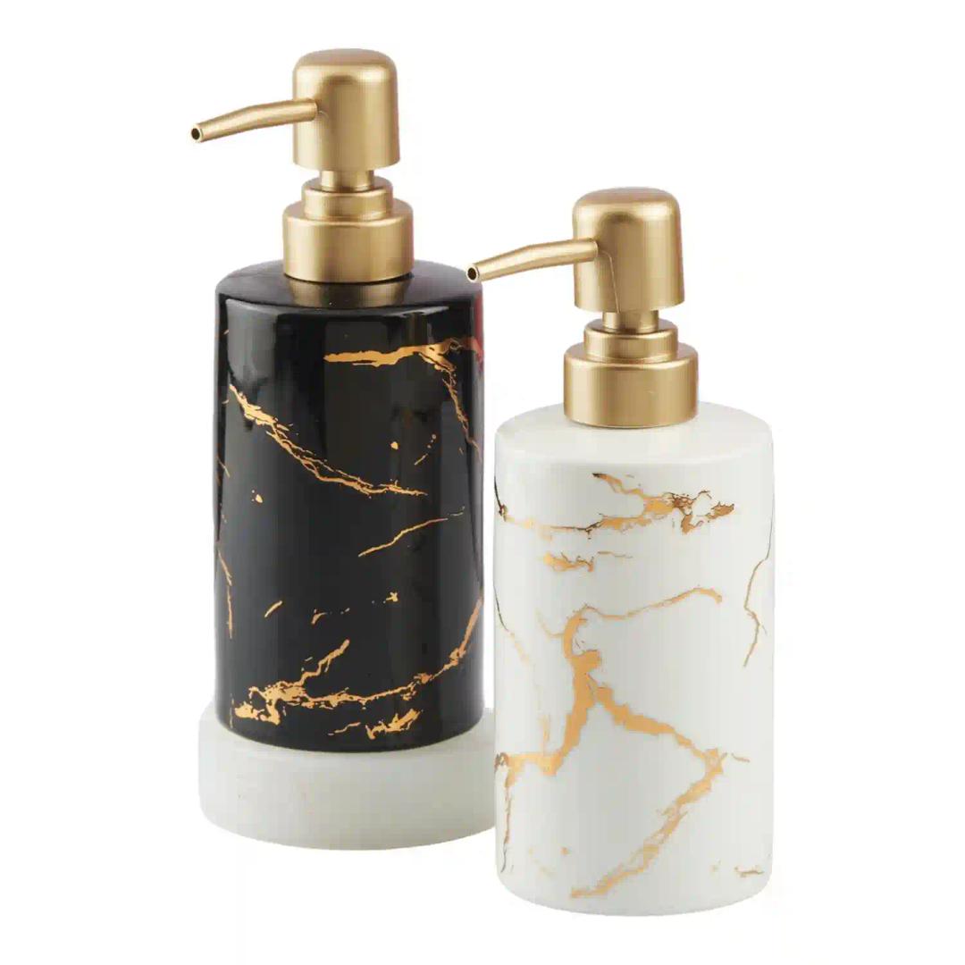 Kookee Ceramic Soap Dispenser for Bathroom hand wash, refillable pump bottle for Kitchen hand wash basin, Set of 2, Black/White (10549)