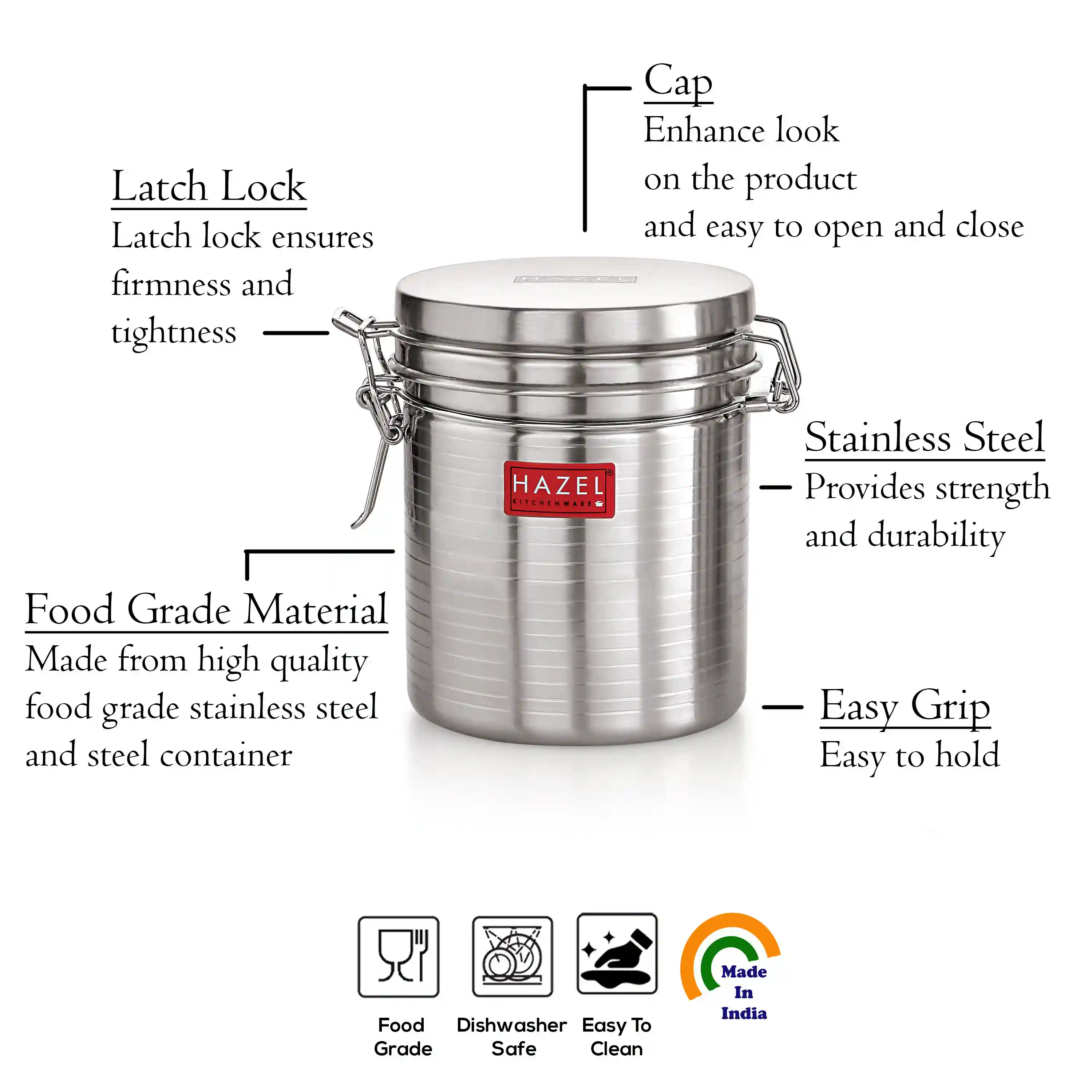 HAZEL Stainless Steel Container with Clip Lock |Steel Container For Kitchen Storage Set | Steel Storage Box For Kitchen, 900 ML, Silver
