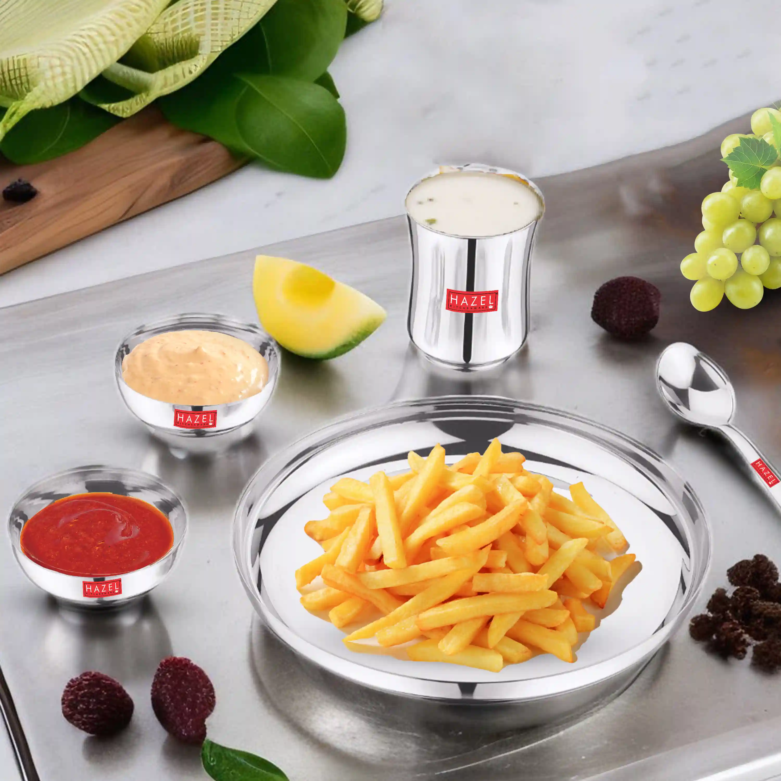 HAZEL Stainless Steel Dinner Set for Kids | Baby Dinner Set Combo of Steel Plate, Glass, Bowl & Spoon (Apple Shape)