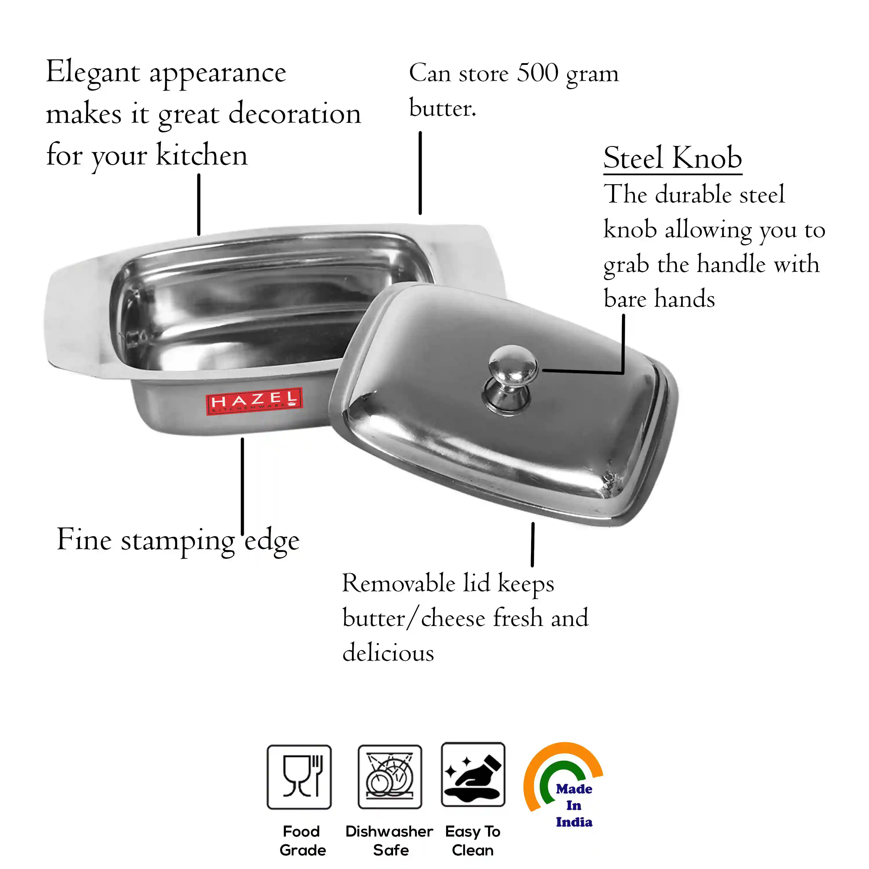 HAZEL Stainless Steel Butter Box with Lid | Butter Dish with Cover | Butter Storage Box for Storing Butter