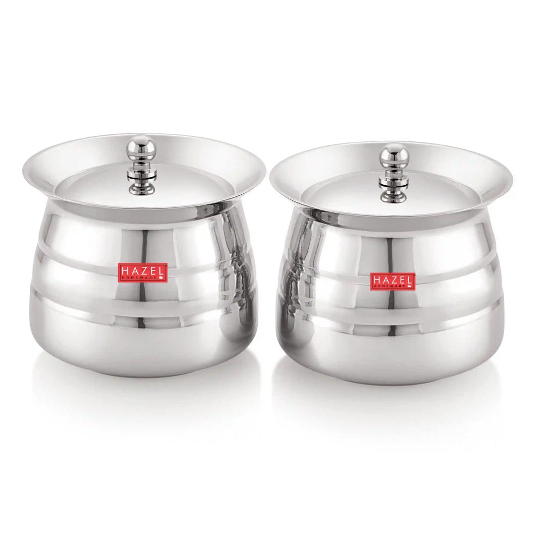 HAZEL Stainless Steel Serving Handi Set of 2 | Dal Handi Set for Serving | Serving Handi Small with Lid | 2 Piece Serving Pot, 850 ml