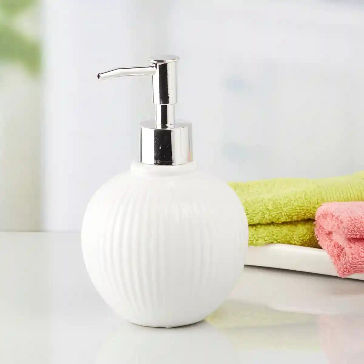 Kookee Ceramic Soap Dispenser for Bathroom handwash, refillable pump bottle for Kitchen hand wash basin, Set of 2 - White (8048)