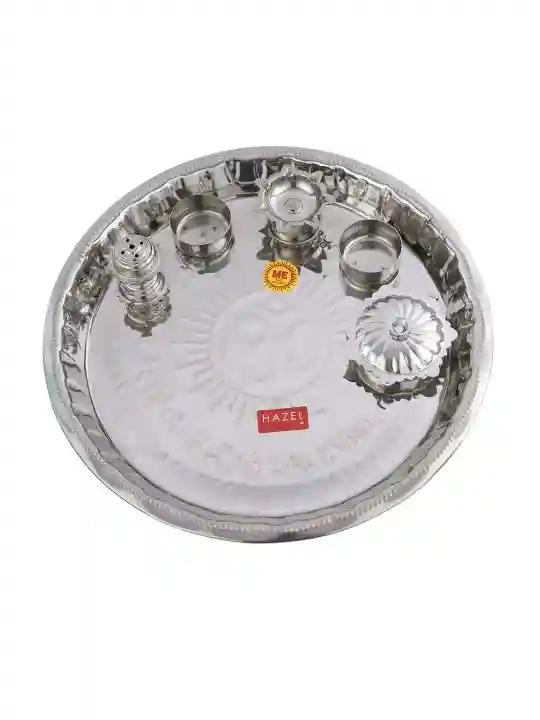 HAZEL Steel Pooja Thali (Silver_11.4 Inch X 11.4 Inch X 0.9 Inch)