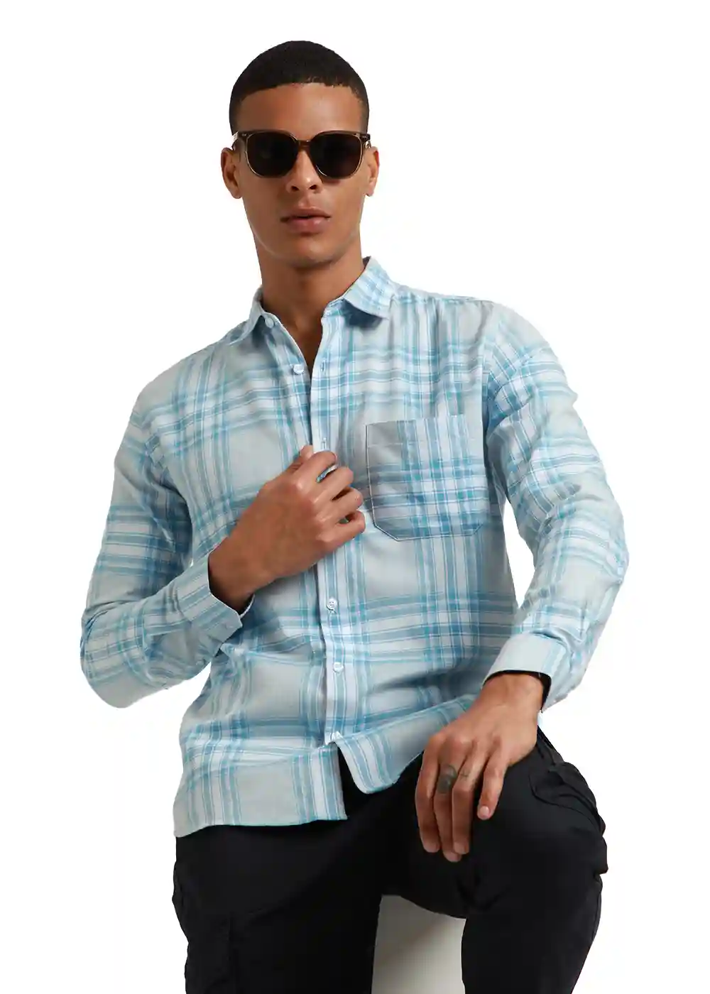 Banana Club Melange Air Blue Check Shirt- (Small)