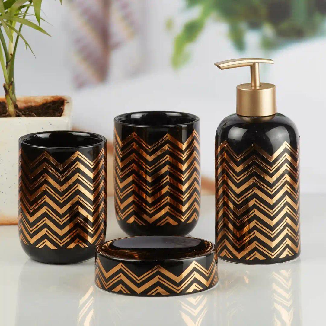 Kookee Ceramic Bathroom Accessories Set of 4, Modern Bath Set with Liquid handwash Soap Dispenser and Toothbrush holder, Luxury Gift Accessory for Home - Black (10082)