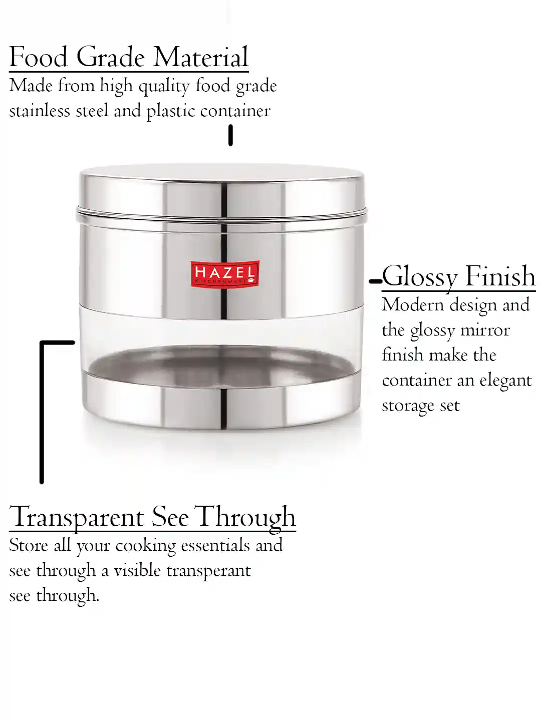 HAZEL Stainless Steel Container For Kitchen Storage Transparent See Through Glossy Finish Storage Jar Dabba, Set of 1, 1500 ML, Silver