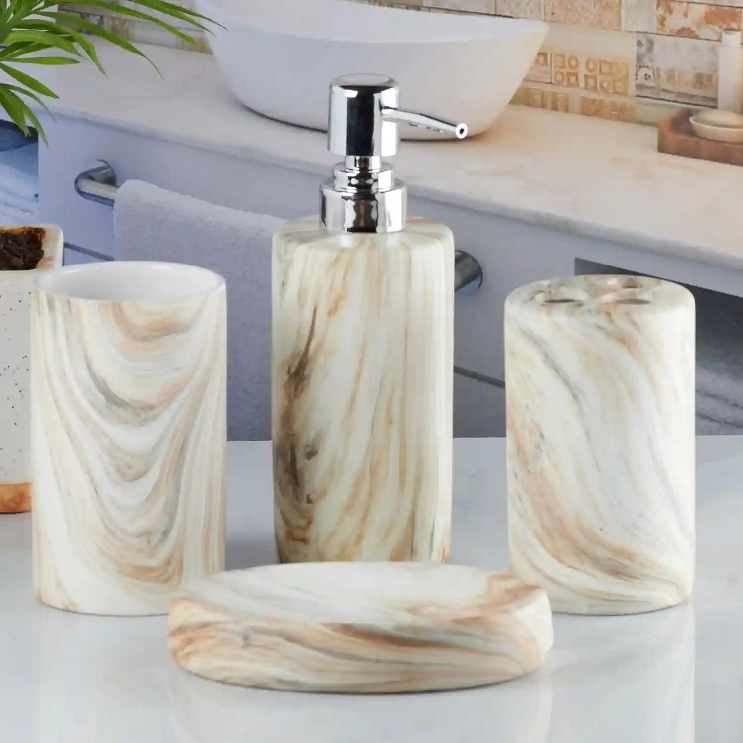 Kookee Ceramic Bathroom Accessories Set of 4, Modern Bath Set with Liquid handwash Soap Dispenser and Toothbrush holder, Luxury Gift Accessory for Home - Beige (8243)