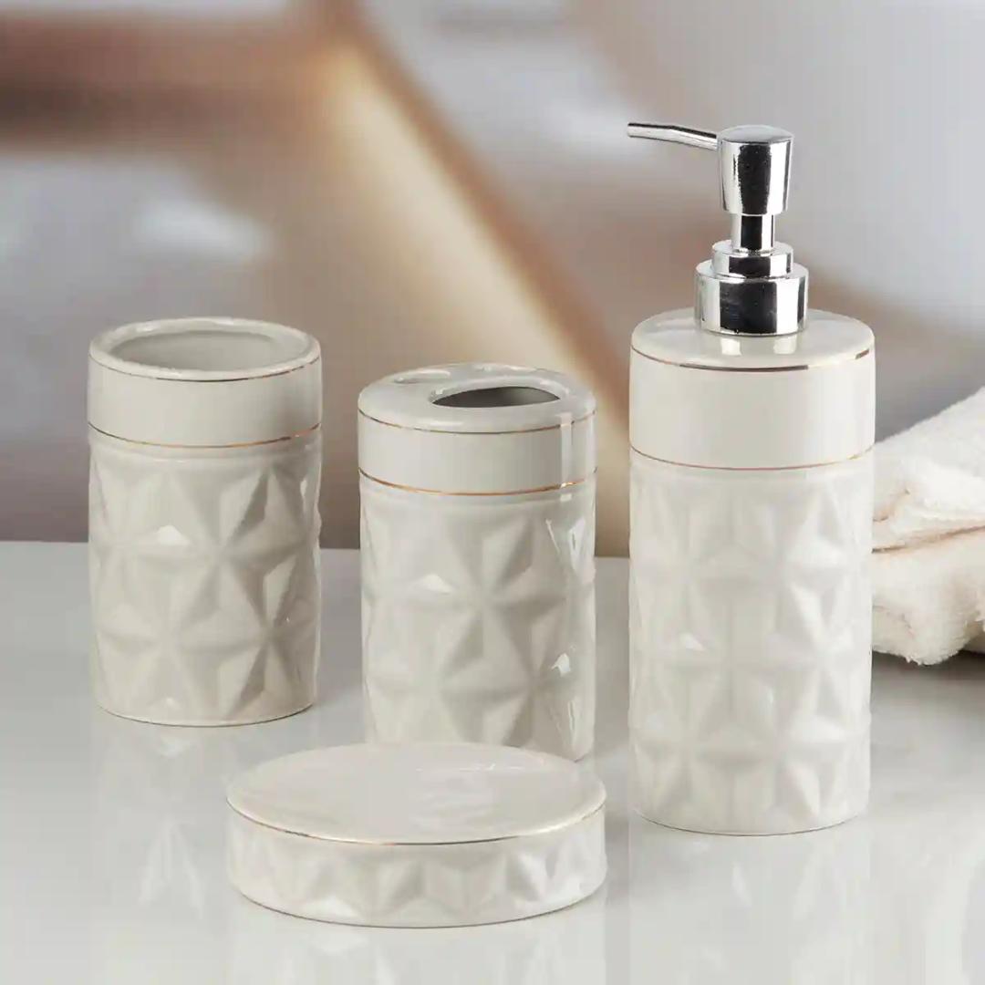 Kookee Ceramic Bathroom Accessories Set of 4, Modern Bath Set with Liquid handwash Soap Dispenser and Toothbrush holder, Luxury Gift Accessory for Home - Off White (10055)