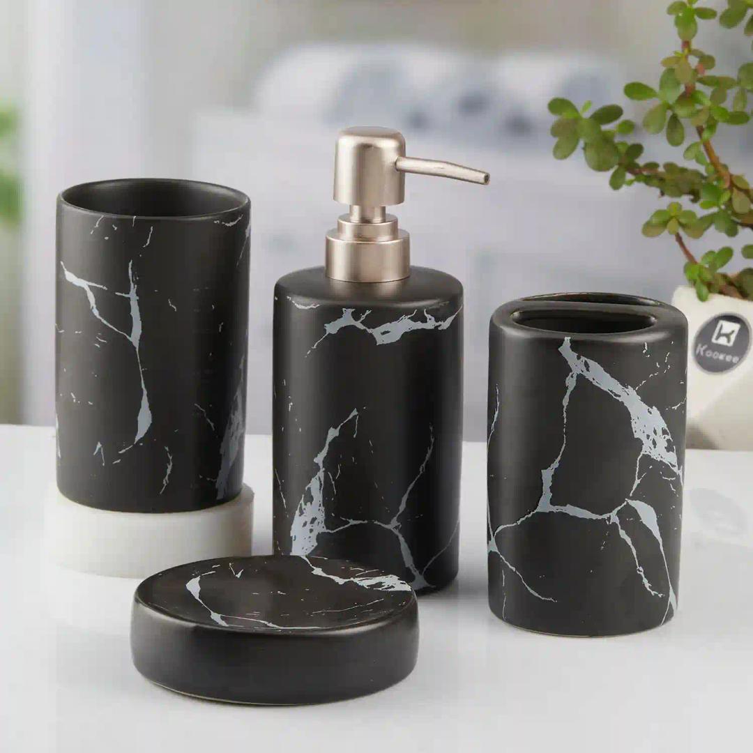 Kookee Ceramic Bathroom Accessories Set of 4, Modern Bath Set with Liquid hand wash Soap Dispenser and Toothbrush holder, Luxury Gift Accessory for Home, Black (10425)