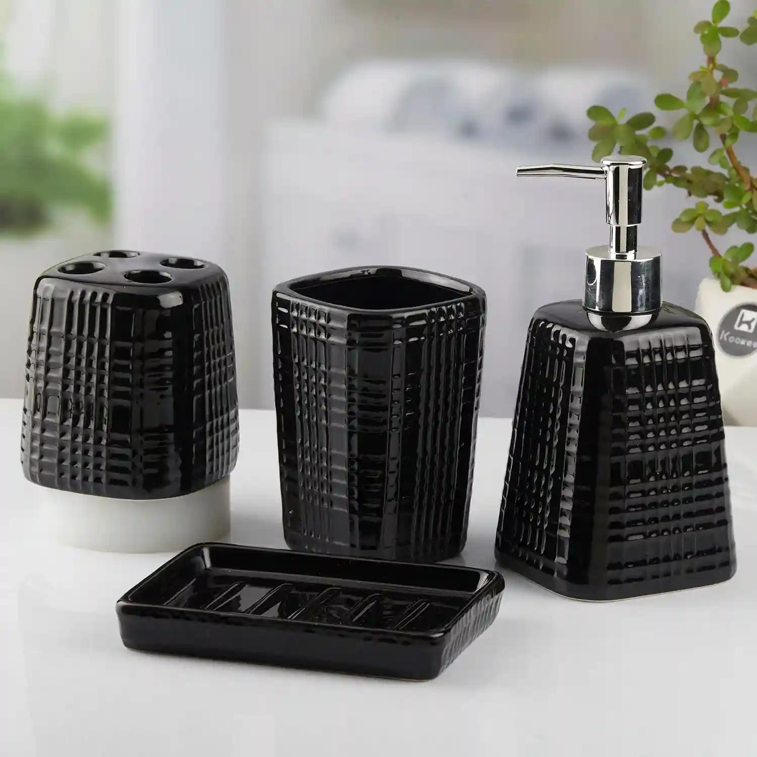 Kookee Ceramic Bathroom Accessories Set of 4, Modern Bath Set with Liquid hand wash Soap Dispenser and Toothbrush holder, Luxury Gift Accessory for Home, Black (10467)