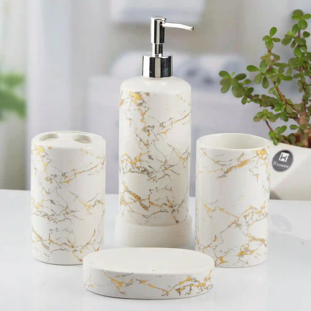 Kookee Ceramic Bathroom Accessories Set of 4, Modern Bath Set with Liquid hand wash Soap Dispenser and Toothbrush holder, Luxury Gift Accessory for Home, White (10389)