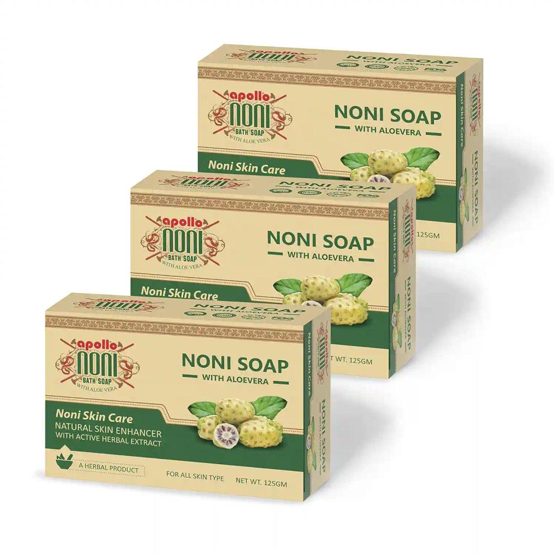 Apollo Noni Soap With Aloe Vera - Fight Free Radical Damages from Sun, Fight Wrinkles, Fight Any Skin Related Issues, Restore Skin Cells, Nourish Skin - 125gm (Pack of 3)