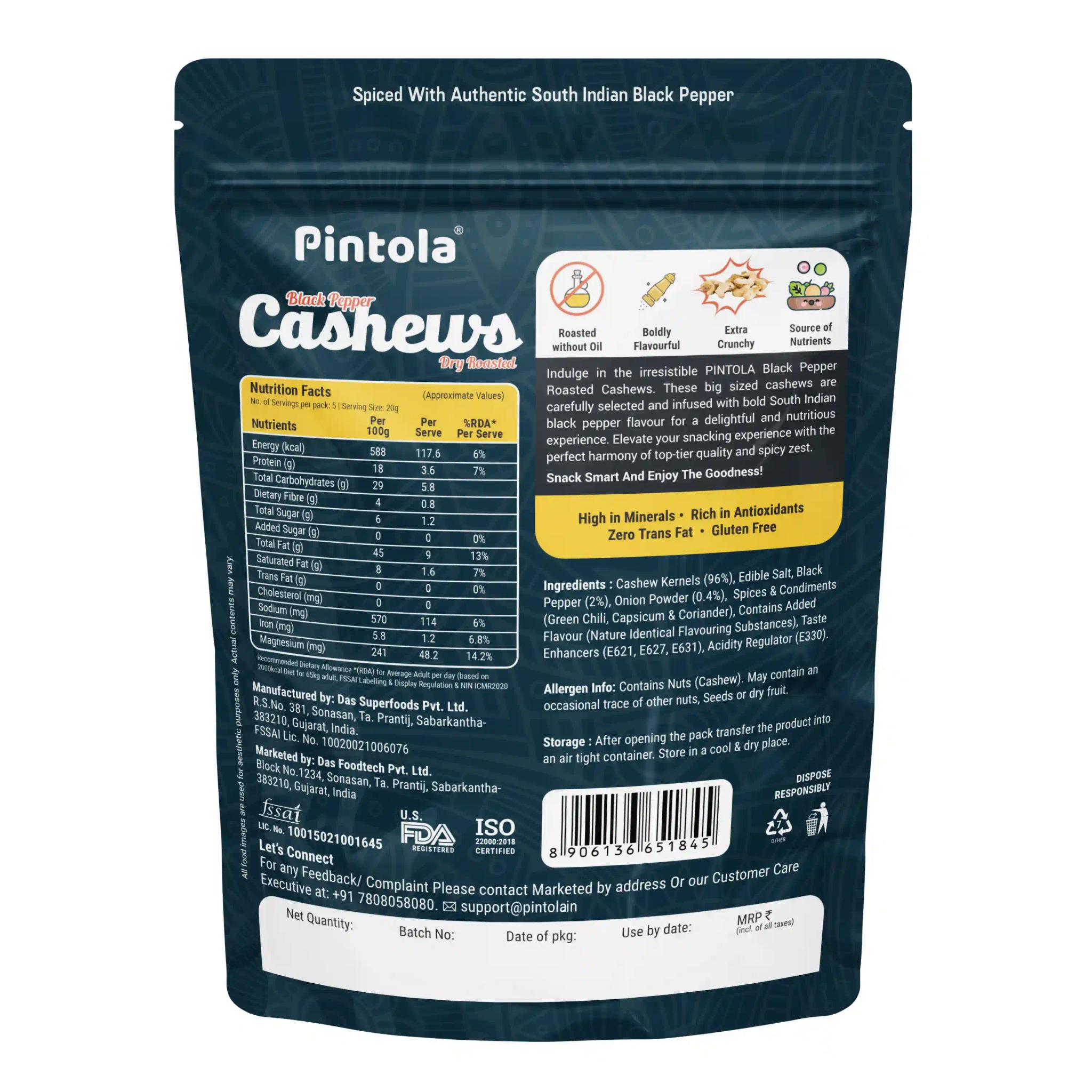 Pintola Black Pepper Cashews Dry Roasted 100g