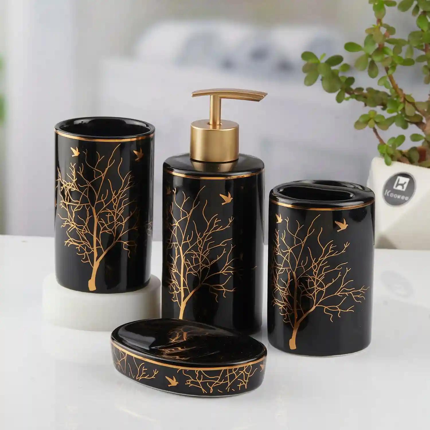 Kookee Ceramic Bathroom Accessories Set of 4, Modern Bath Set with Liquid hand wash Soap Dispenser and Toothbrush holder, Luxury Gift Accessory for Home, Black/Gold (10473)