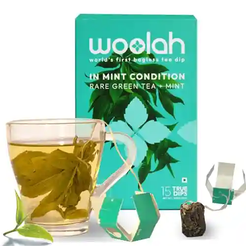 Woolah Rare Assam Green Tea with Mint,Organic Bagless Tea Dip(15 Dips/30 Cups)100% PLASTIC Free,REVITALIZING & REFRESHING,Natural EGCG antioxidants supports WEIGHT MANAGEMENT,Skin & HEART health,80gm