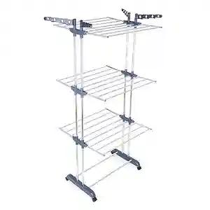 LiMETRO Double Pole 3 Layer Clothes Drying Stand | Space Saving, Portable, Easy to Assembel and Foldable Wings (Plastic & Stainless Steel) (3 Layer)