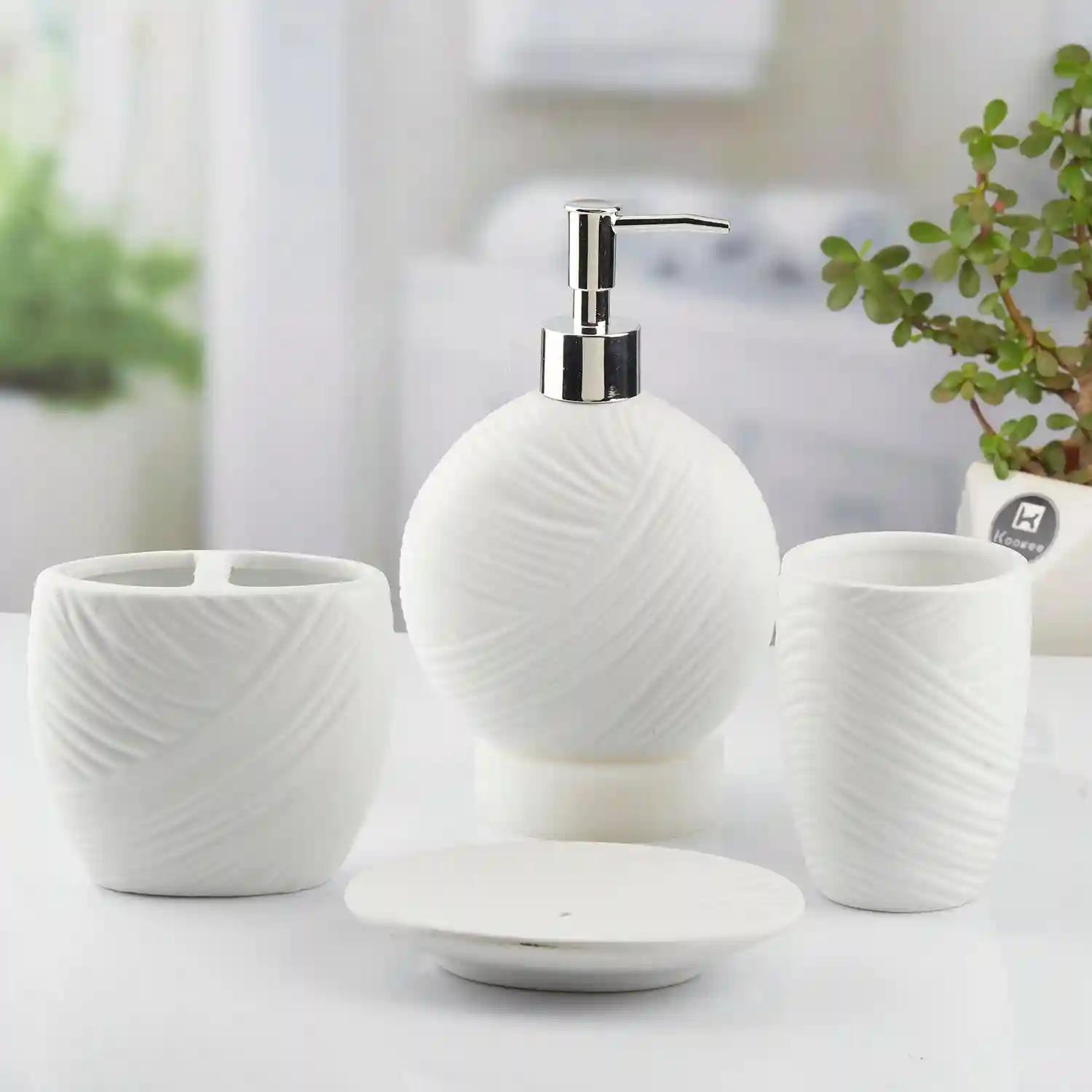 Kookee Ceramic Bathroom Accessories Set of 4, Modern Bath Set with Liquid hand wash Soap Dispenser and Toothbrush holder, Luxury Gift Accessory for Home, White (10431)