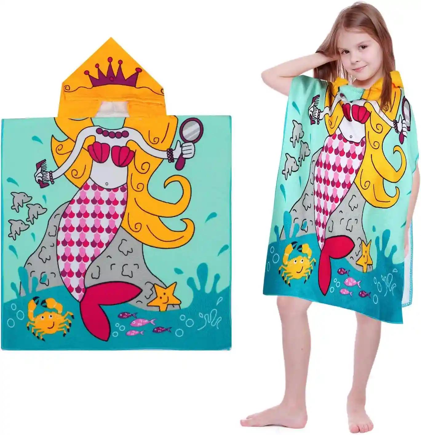 Ji and Ja Kids Mermaid Print Hooded Beach Bath Towel for Boys & Girls 2-7 Years Kids