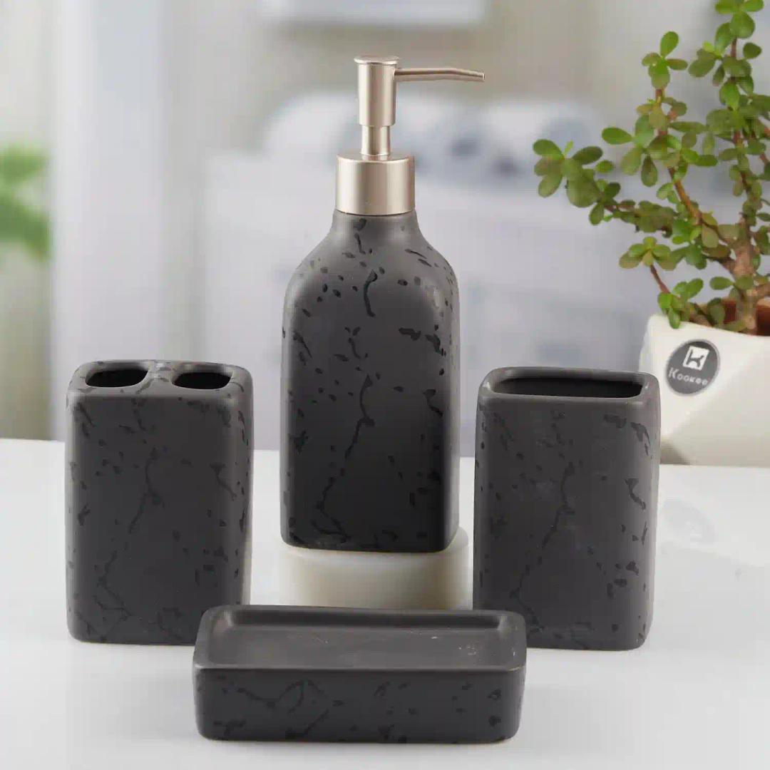 Kookee Ceramic Bathroom Accessories Set of 4, Modern Bath Set with Liquid hand wash Soap Dispenser and Toothbrush holder, Luxury Gift Accessory for Home, Grey (10446)