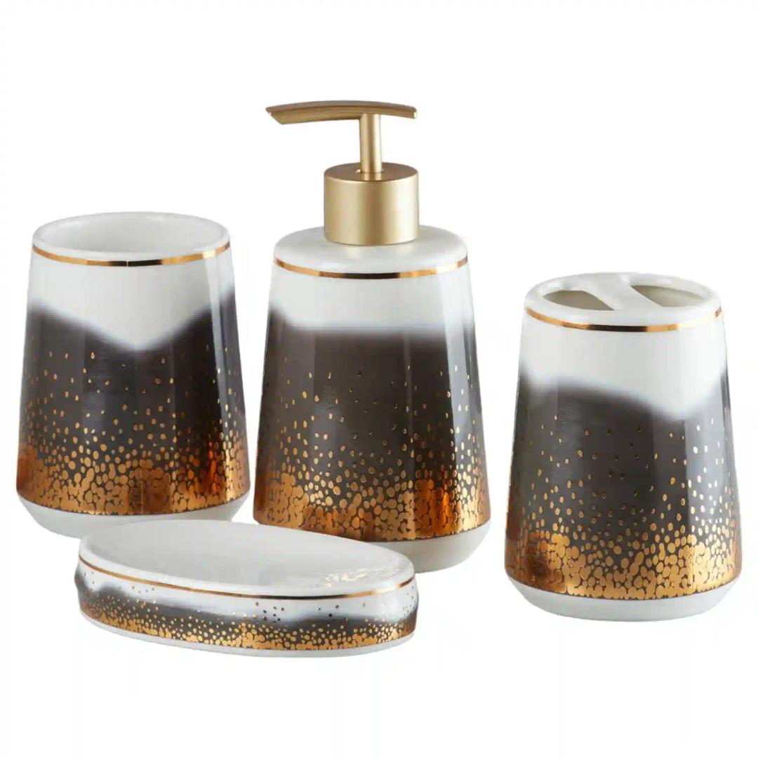 Kookee Ceramic Bathroom Accessories Set of 4, Modern Bath Set with Liquid handwash Soap Dispenser and Toothbrush holder, Luxury Gift Accessory for Home - Multicolor (10177)