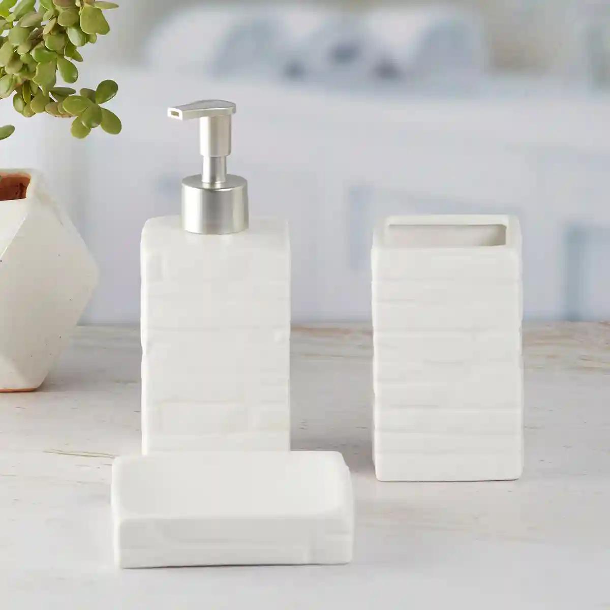 Kookee Ceramic Bathroom Accessories Set of 3, Modern Bath Set with Liquid handwash Soap Dispenser and Toothbrush holder, Luxury Gift Accessory for Home - White (9869)