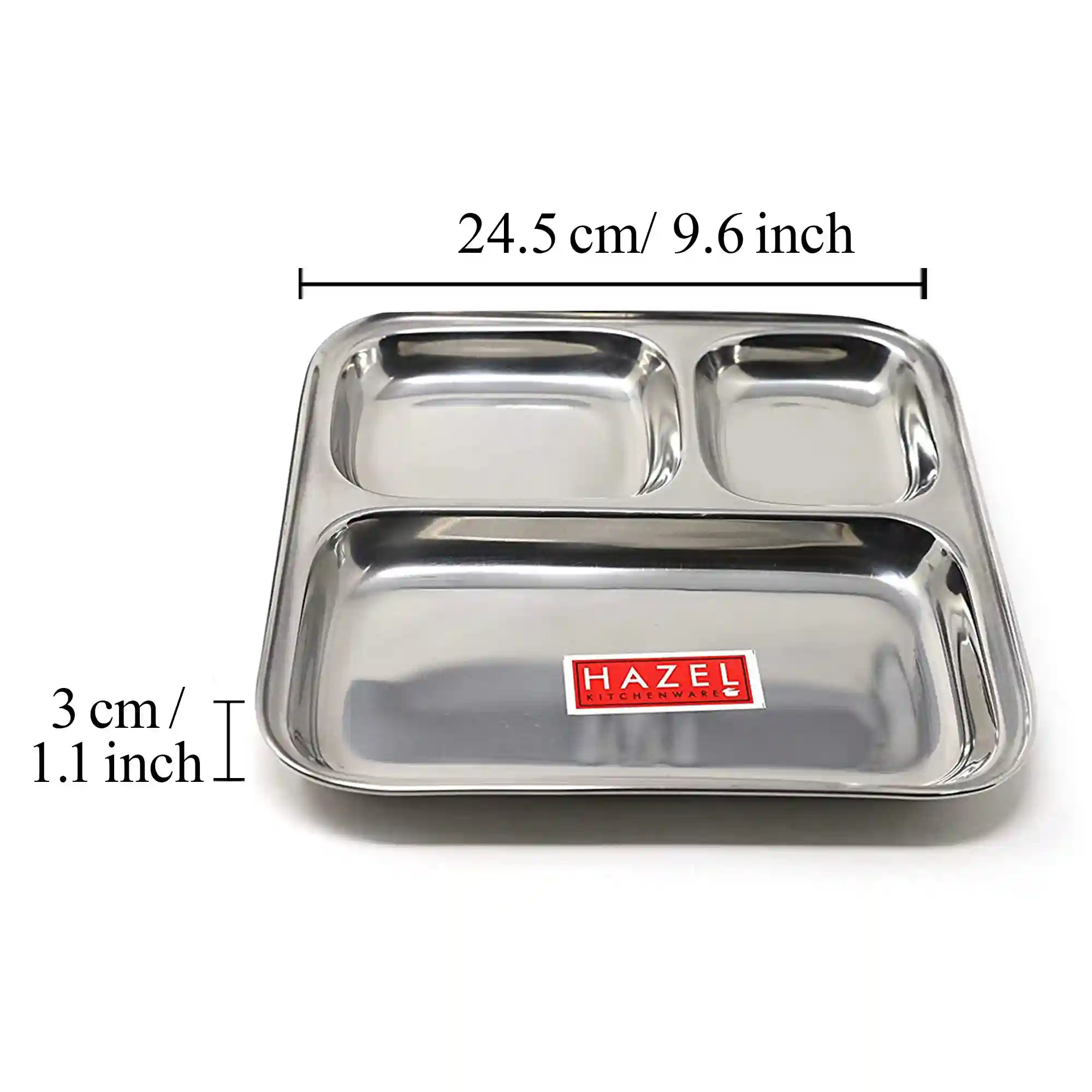 HAZEL Pav Bhaji Plates for Restaurant | Stainless Steel Compartment Plate | 3 in 1 Mess Plate Steel (SS, Medium, Set of 1)