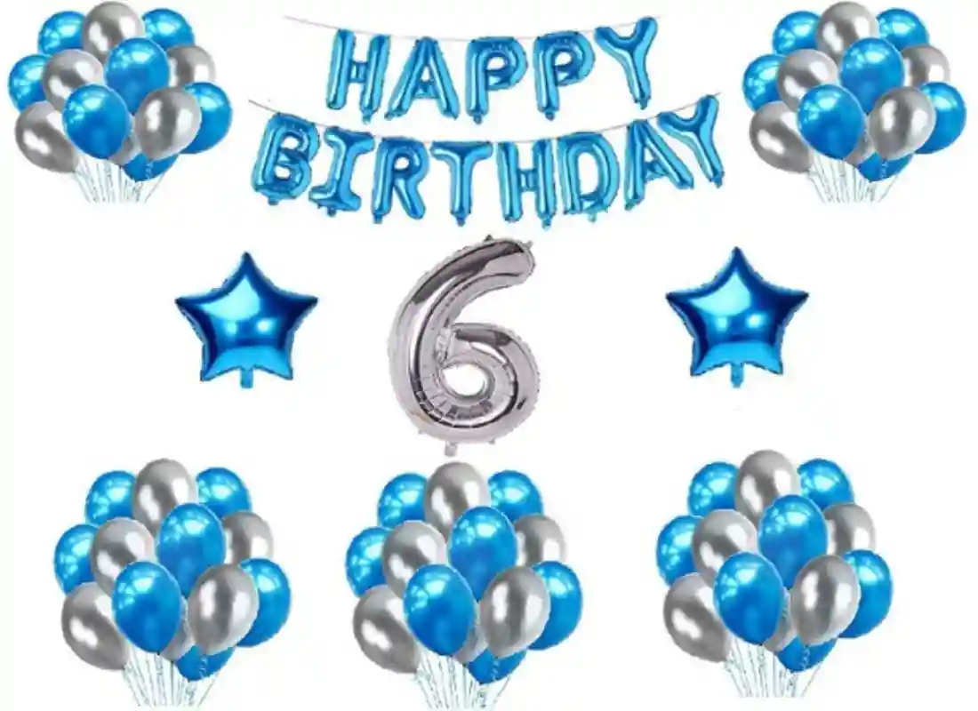 TrendzyKart 6th Happy Birthday Decoration Combo With Foil And Star Balloons (Blue, Silver)