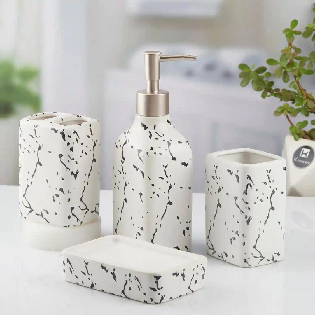 Kookee Ceramic Bathroom Accessories Set of 4, Modern Bath Set with Liquid hand wash Soap Dispenser and Toothbrush holder, Luxury Gift Accessory for Home, White (10445)