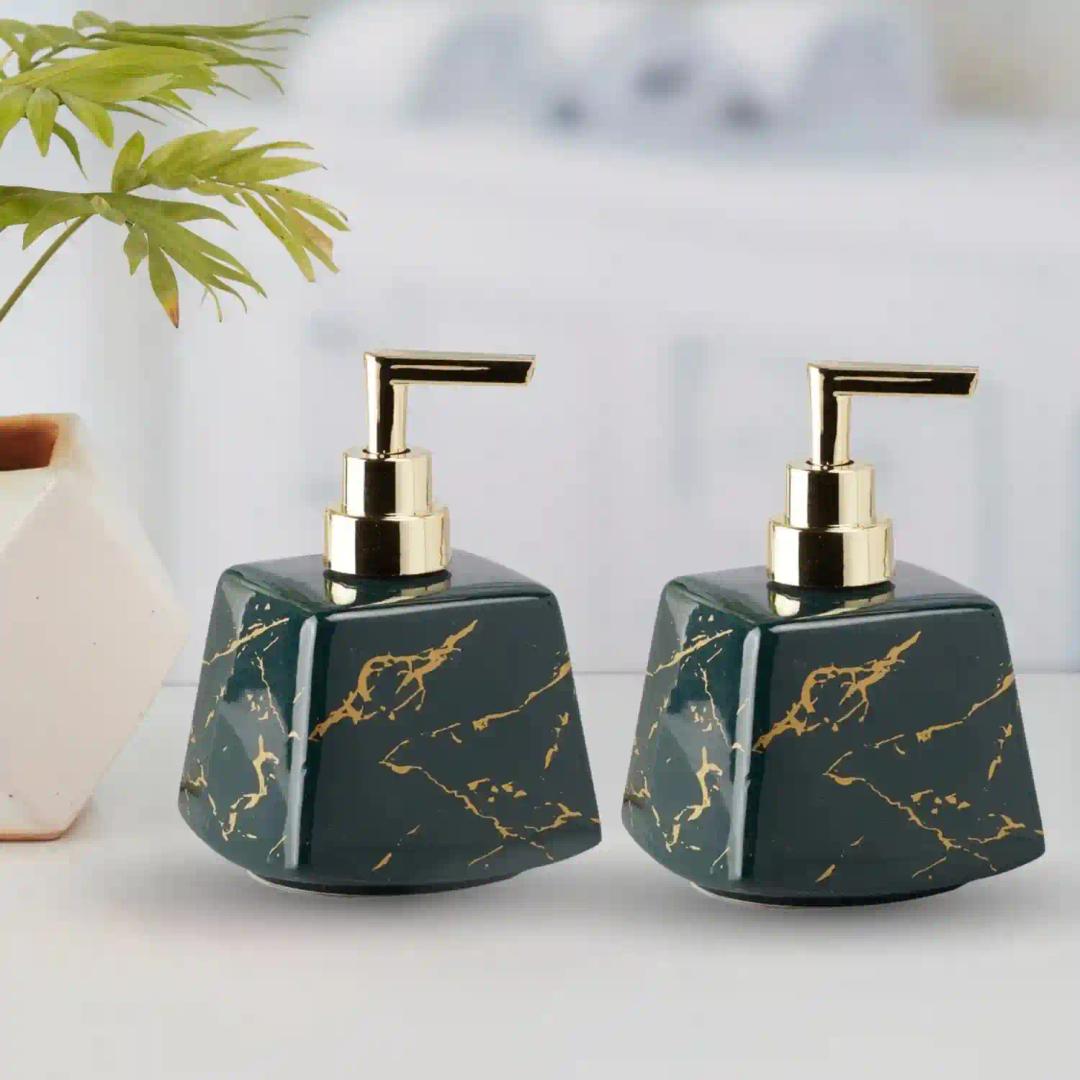 Kookee Ceramic Soap Dispenser for Bathroom hand wash, refillable pump bottle for Kitchen hand wash basin, Set of 2, Green/Gold (10894)