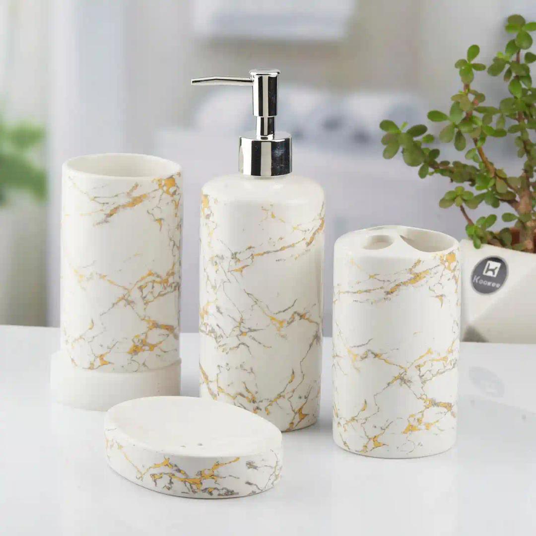 Kookee Ceramic Bathroom Accessories Set of 4, Modern Bath Set with Liquid hand wash Soap Dispenser and Toothbrush holder, Luxury Gift Accessory for Home, White (10389)