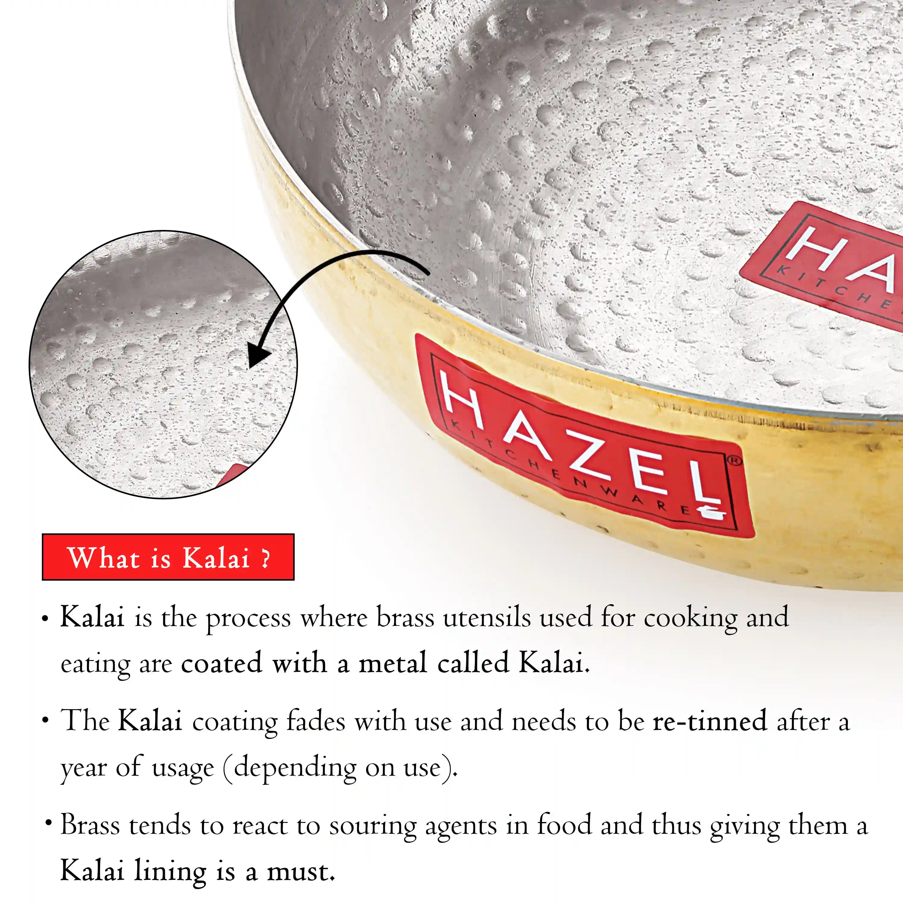 HAZEL Brass Kadai with Kalai | 100% Pure Brass Kadhai with Tin Coating | Brass Kadai for Cooking and Serving | Brass Utensils for Kitchen, 2650 ML, 24 cm