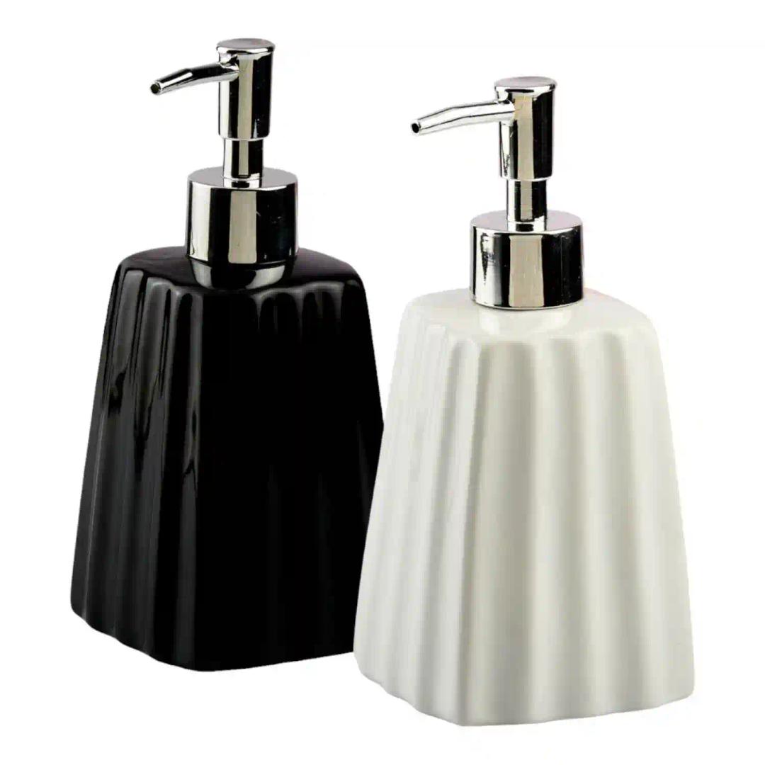 Kookee Ceramic Soap Dispenser for Bathroom hand wash, refillable pump bottle for Kitchen hand wash basin, Set of 2, Black/White (10551)