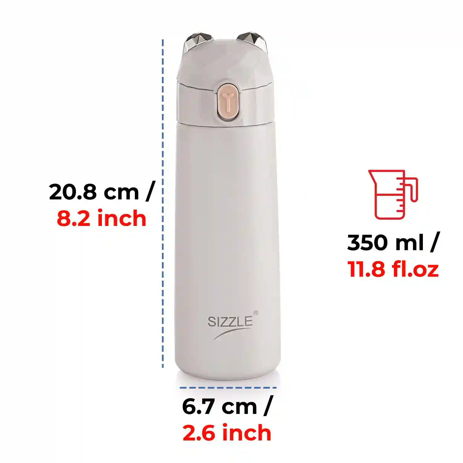 Sizzle Splash Vacuum Insulated Flask Double Wall Hot & Cold Water Bottle with Press Button Mechanism for One Hand Use | 350 ML | Fits Easily in Hand Bags & Lunch Bags | Grey