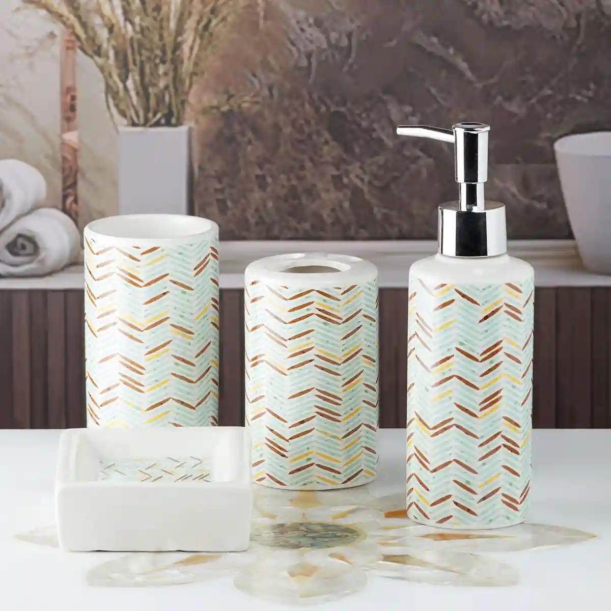 Kookee Ceramic Bathroom Accessories Set of 4, Modern Bath Set with Liquid handwash Soap Dispenser and Toothbrush holder, Luxury Gift Accessory for Home - Multicolor (10056)