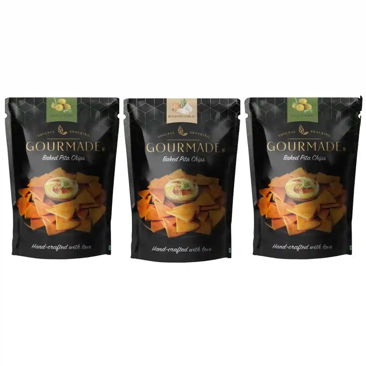 Gourmade Pita Chips Snacking Combo of 2 Olive & Herbs, 1 Roasted Garlic (375gm)