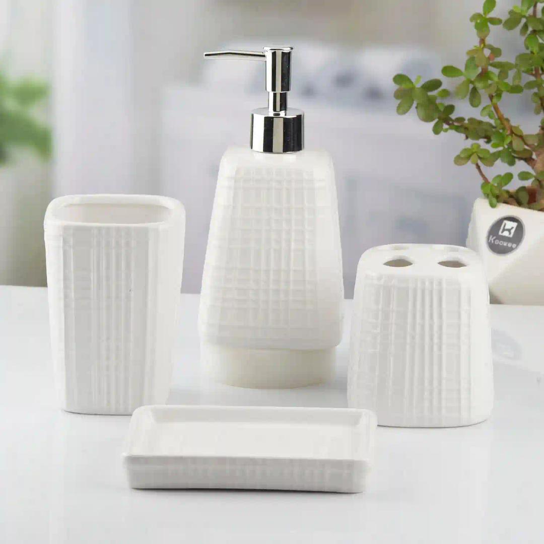 Kookee Ceramic Bathroom Accessories Set of 4, Modern Bath Set with Liquid hand wash Soap Dispenser and Toothbrush holder, Luxury Gift Accessory for Home, White (10466)