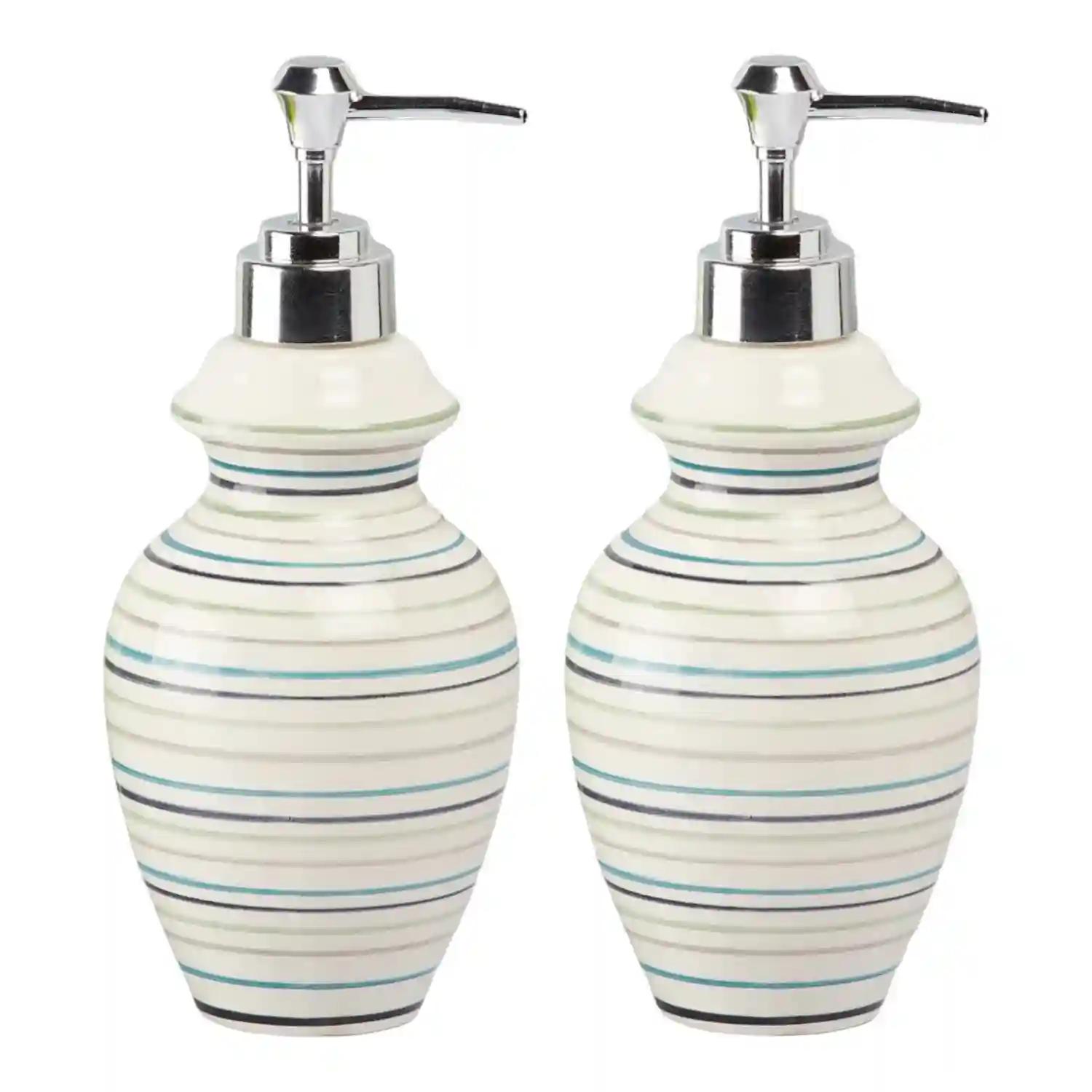 Kookee Ceramic Soap Dispenser for Bathroom hand wash, refillable pump bottle for Kitchen hand wash basin, Set of 2, White (10941)