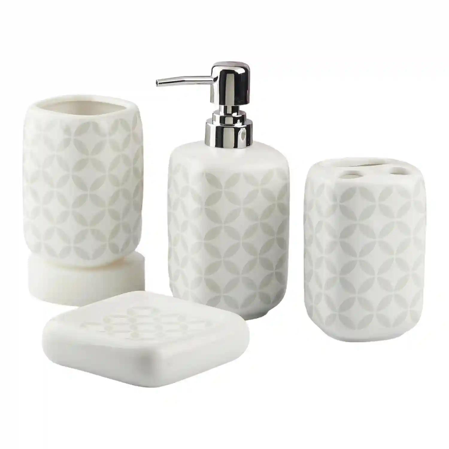 Kookee Ceramic Bathroom Accessories Set of 4, Modern Bath Set with Liquid hand wash Soap Dispenser and Toothbrush holder, Luxury Gift Accessory for Home, White (10453)