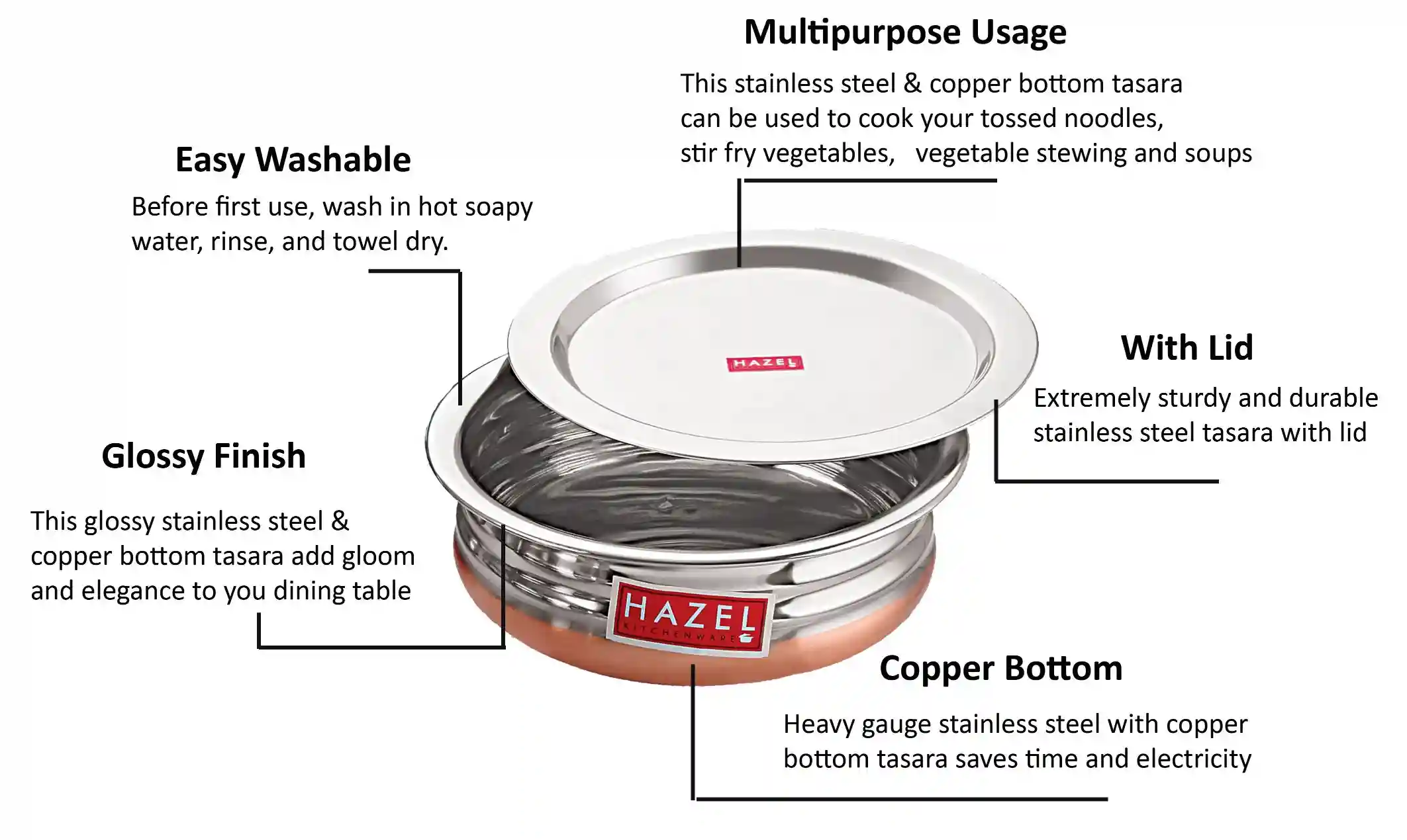 HAZEL Copper Bottom Urli Handi Set with Lid Cover| Premium Stainless Steel Cookware Set | Serving Cooking Tope Bowl for Kitchen | Copper Bottom Vessels for Cooking, 3 Piece