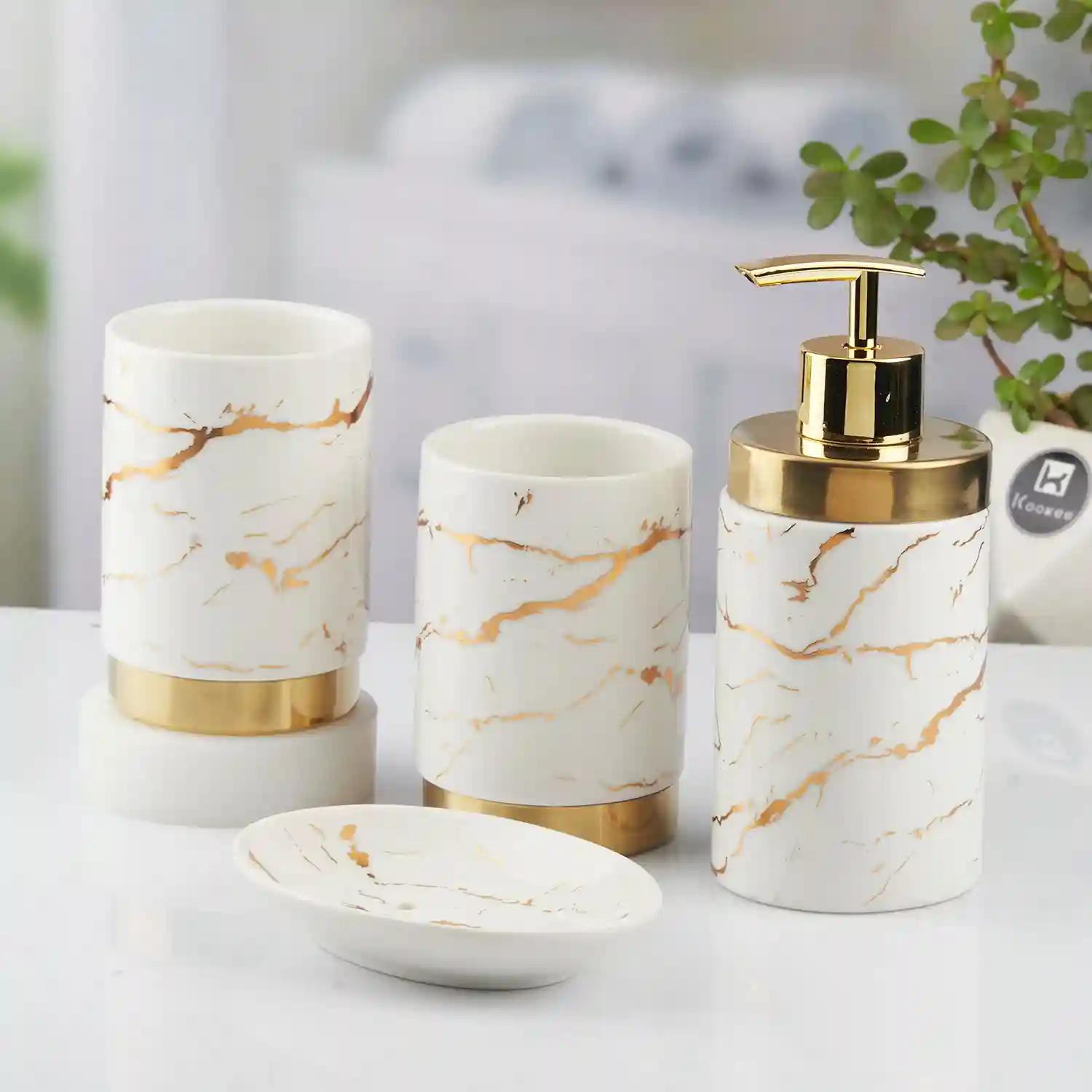 Kookee Ceramic Bathroom Accessories Set of 4, Modern Bath Set with Liquid hand wash Soap Dispenser and Toothbrush holder, Luxury Gift Accessory for Home, White/Gold (10382)