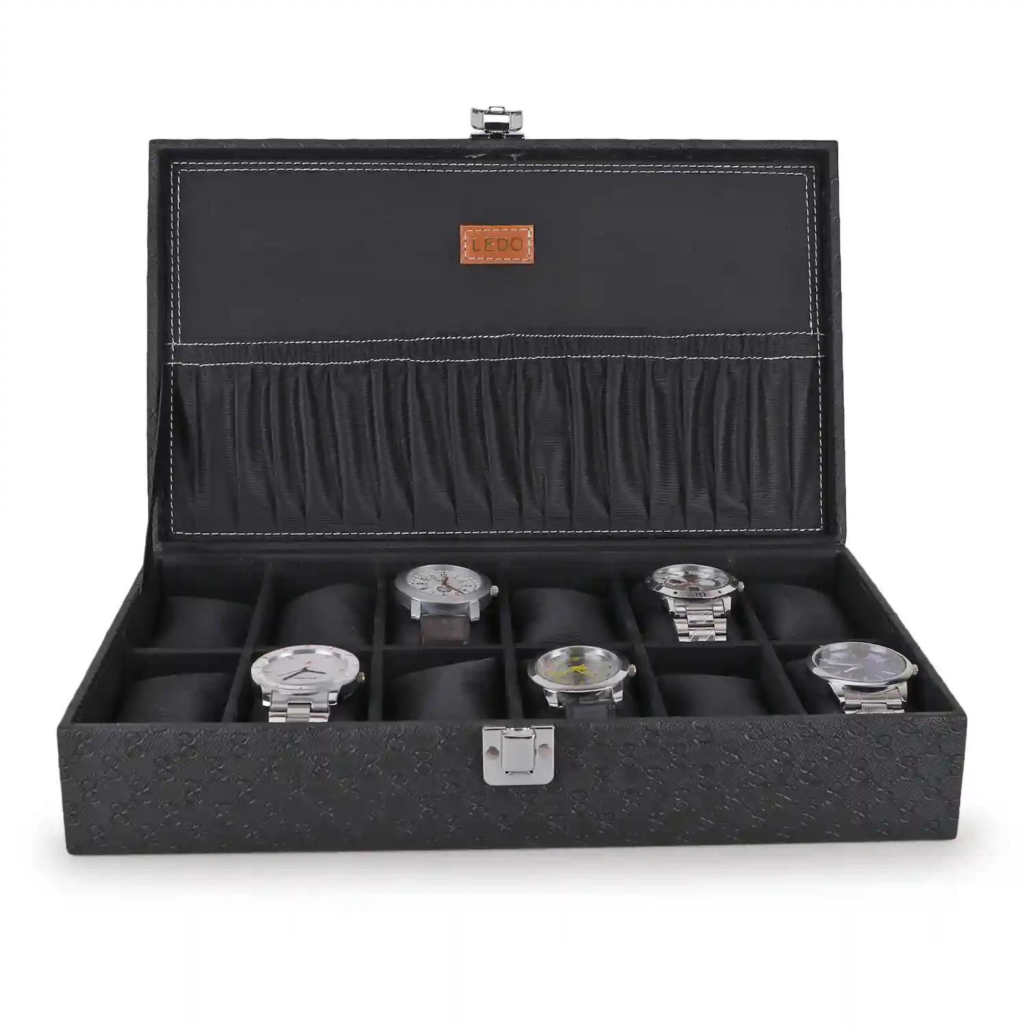 LEDO Watch Box Holder Organizer Case In 12 Slots of Watches In PU Leather for Men and Women - Black