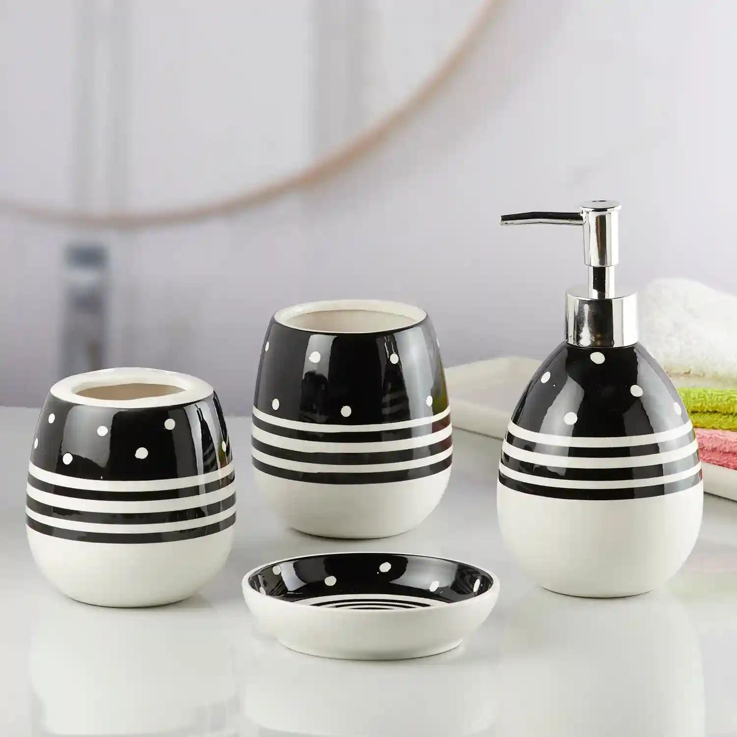 Kookee Ceramic Bathroom Accessories Set of 4, Modern Bath Set with Liquid handwash Soap Dispenser and Toothbrush holder, Luxury Gift Accessory for Home - White & Black (10158)