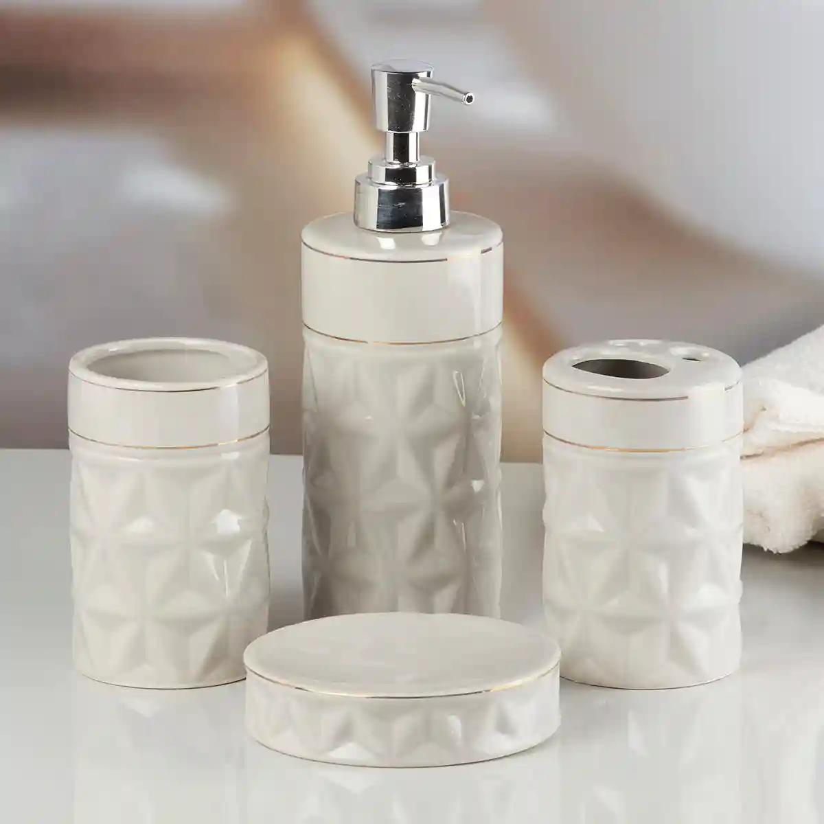 Kookee Ceramic Bathroom Accessories Set of 4, Modern Bath Set with Liquid handwash Soap Dispenser and Toothbrush holder, Luxury Gift Accessory for Home - Off White (10055)