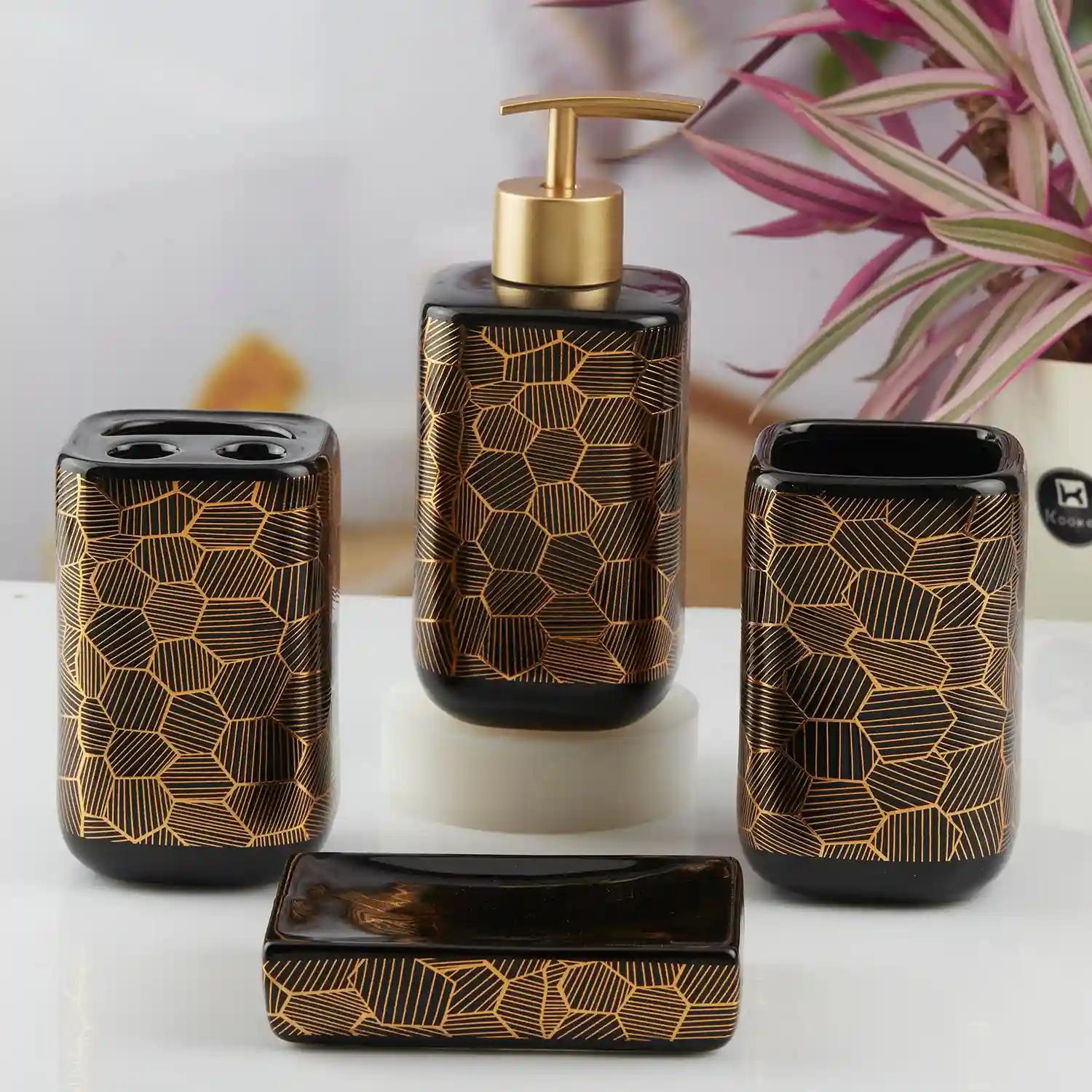 Kookee Ceramic Bathroom Accessories Set of 4, Modern Bath Set with Liquid hand wash Soap Dispenser and Toothbrush holder, Luxury Gift Accessory for Home, Black/Gold (10459)