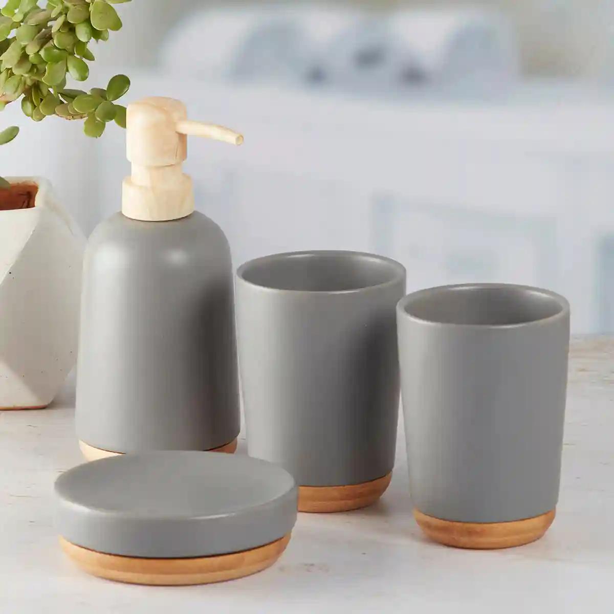 Kookee Ceramic Bathroom Accessories Set of 4, Modern Bath Set with Liquid handwash Soap Dispenser and Toothbrush holder, Luxury Gift Accessory for Home - Grey (9625)
