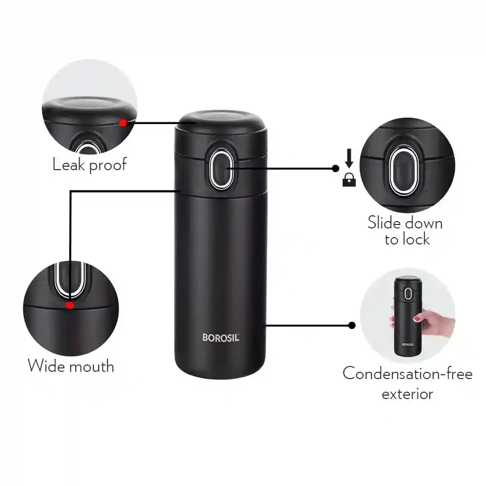 BOROSIL Stainless Steel Hydra Double Wall Vacuum Insulated Traveller Flask, (Black, 300 ml)